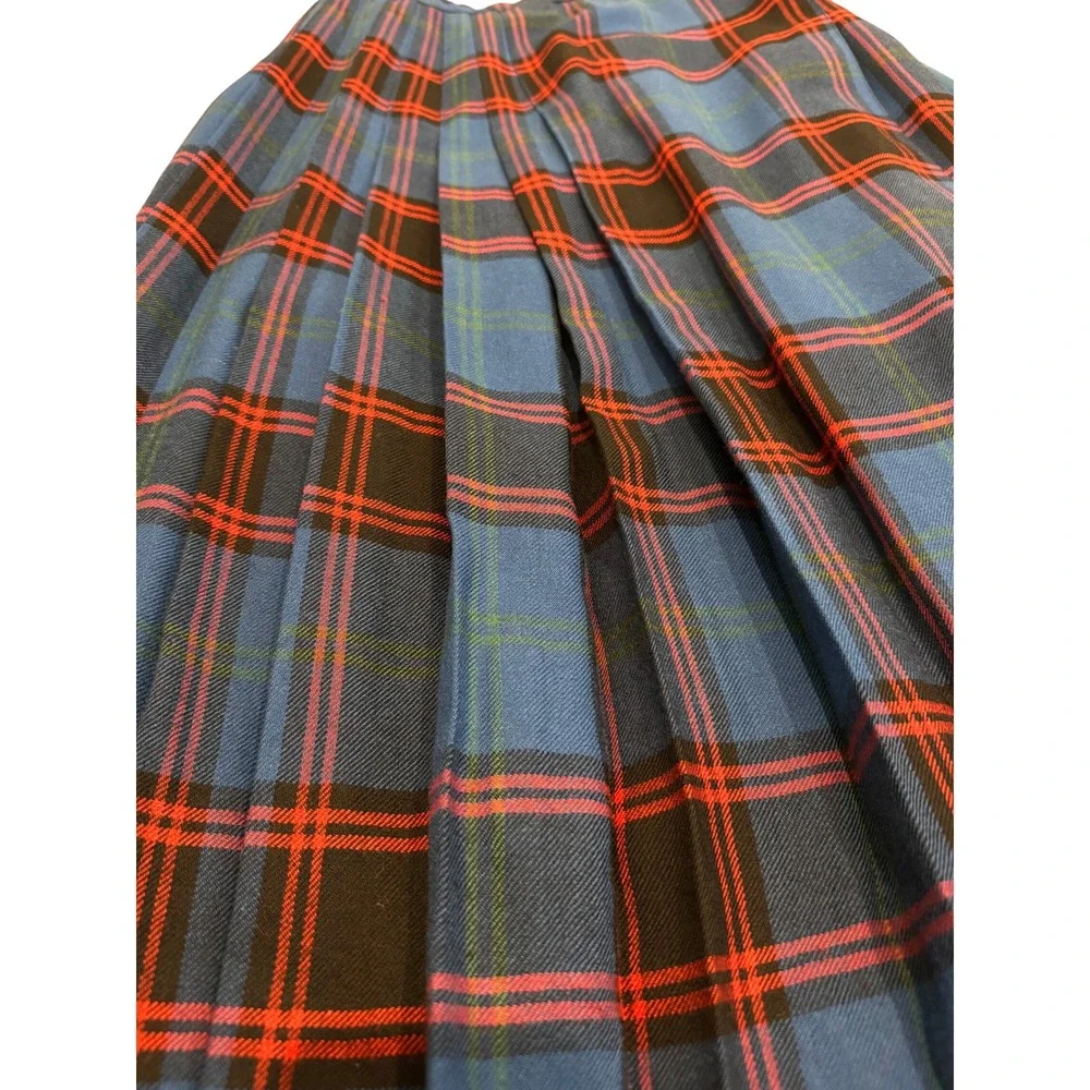 Vintage Ellen Tracy 100% Pure Wool Plaid‎ Pleated Midi Skirt Blue Red Size 7/8